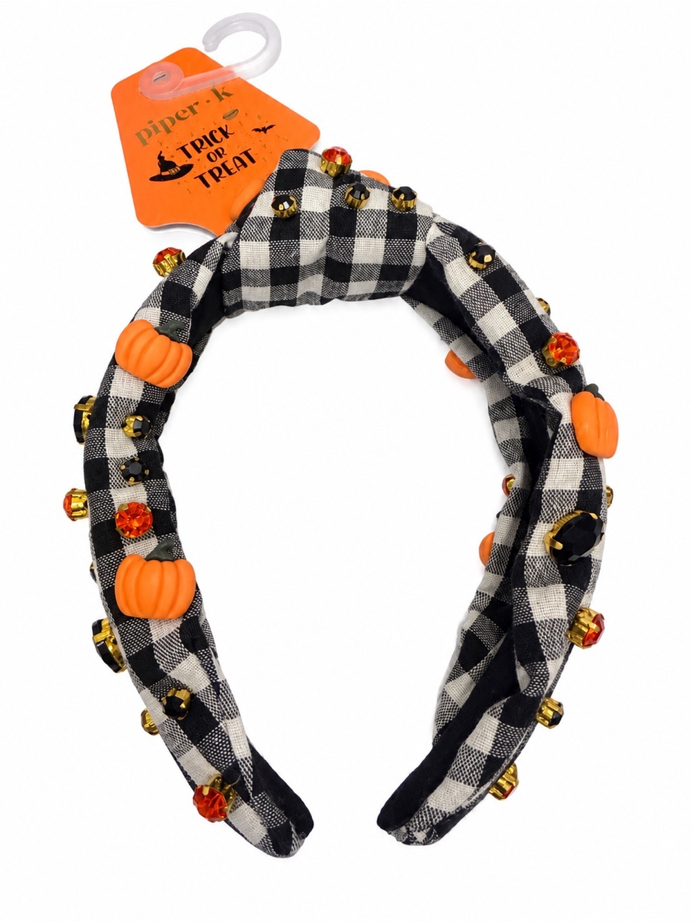 Piper K Halloween Pumpkin Rhinestone Plaid Knot Headband NEW 🎃